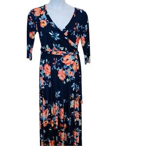 Impressions Maxi Dress Large Dark Blue Floral Stretch Knit Tropical Vacation USA